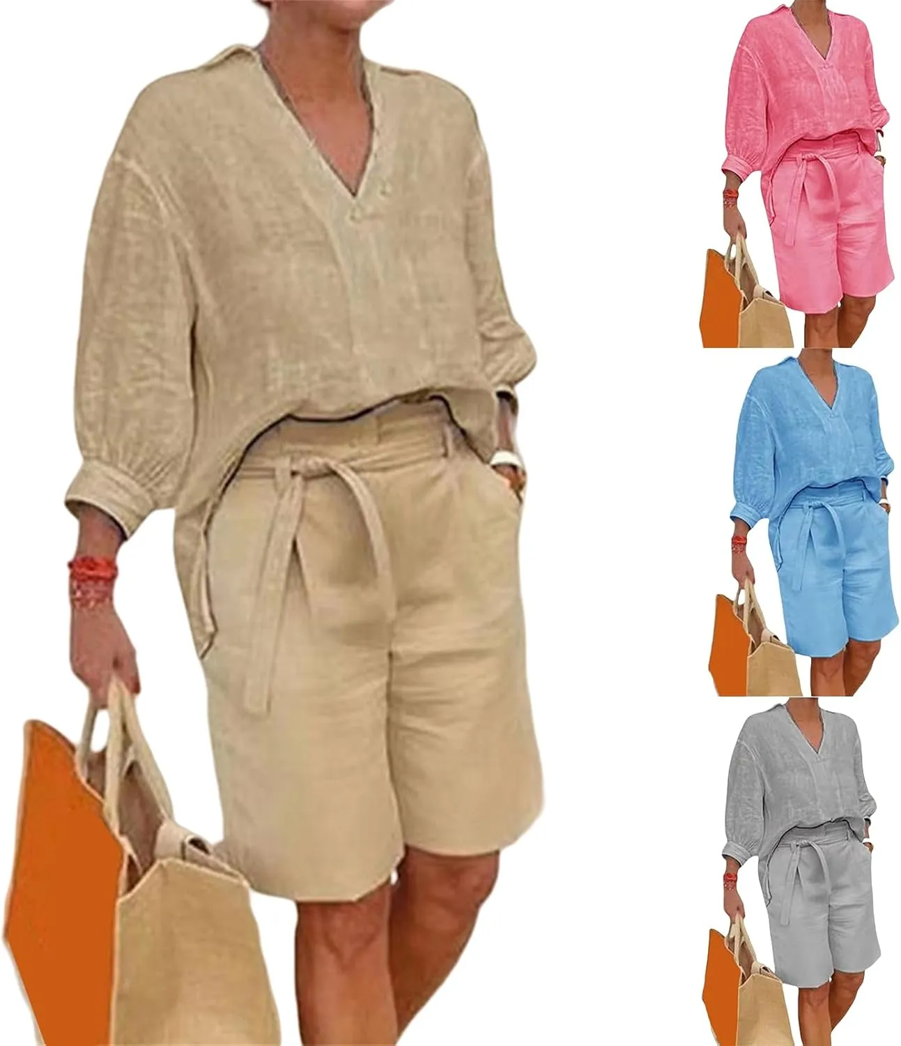 Canbebig Womens 2 Piece Sets Cotton Linen Sets 3/4 Sleeve V Neck Top and High Waisted Shorts Sets Matching Sets with Pockets