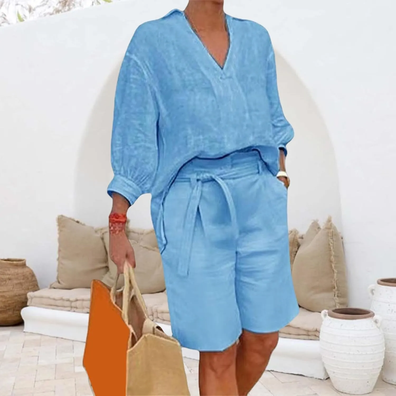 Canbebig Womens 2 Piece Sets Cotton Linen Sets 3/4 Sleeve V Neck Top and High Waisted Shorts Sets Matching Sets with Pockets