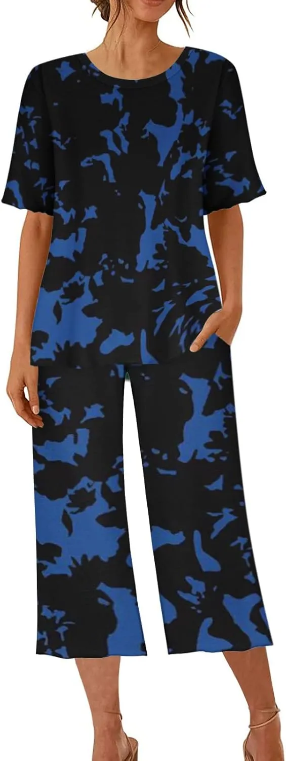 Capris Pajamas for Women Floral Print Summer Short Sleeve Sleepwear Top and Capri Pants Pjs Loungewear Sets with Pockets