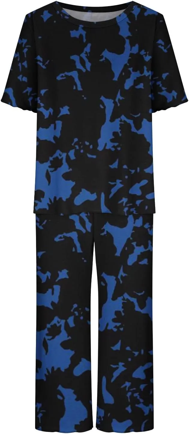 Capris Pajamas for Women Floral Print Summer Short Sleeve Sleepwear Top and Capri Pants Pjs Loungewear Sets with Pockets
