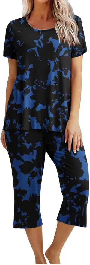 Capris Pajamas for Women Floral Print Summer Short Sleeve Sleepwear Top and Capri Pants Pjs Loungewear Sets with Pockets