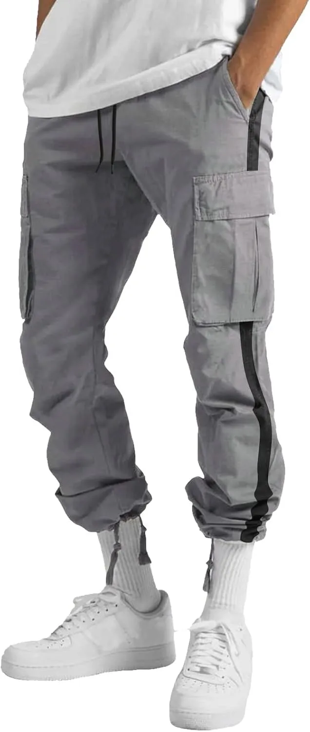 Cargo Pants for Men Baggy Casual Pants for Men False Zipper Pockets Low Rise Jogging Pants Straight Leg Elastic Waist