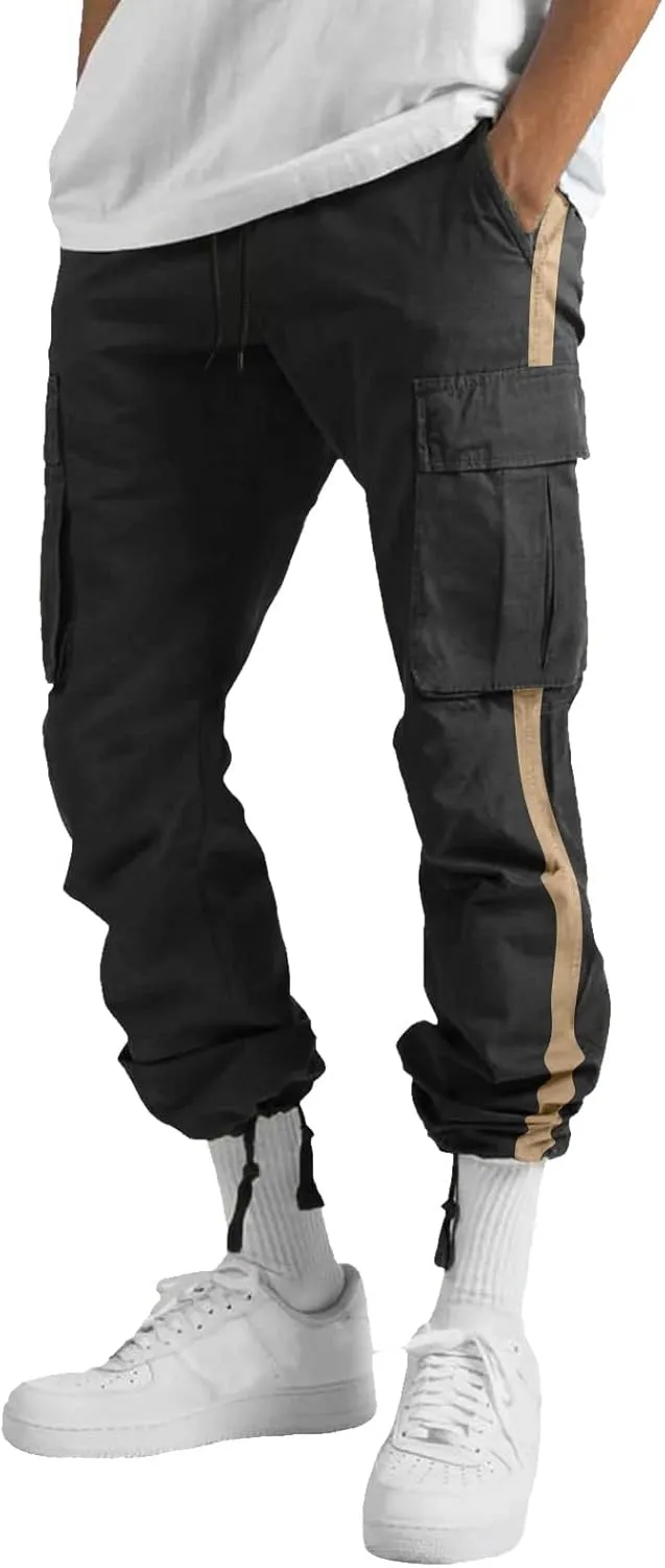 Cargo Pants for Men Baggy Casual Pants for Men False Zipper Pockets Low Rise Jogging Pants Straight Leg Elastic Waist