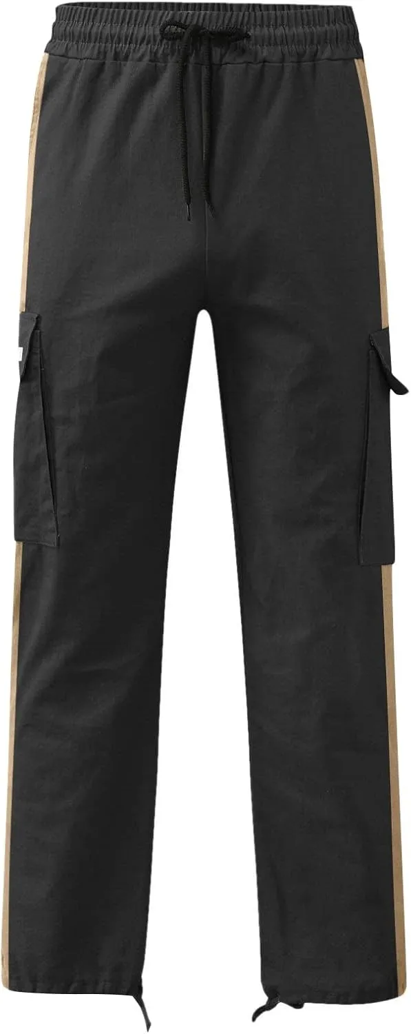 Cargo Pants for Men Baggy Casual Pants for Men False Zipper Pockets Low Rise Jogging Pants Straight Leg Elastic Waist