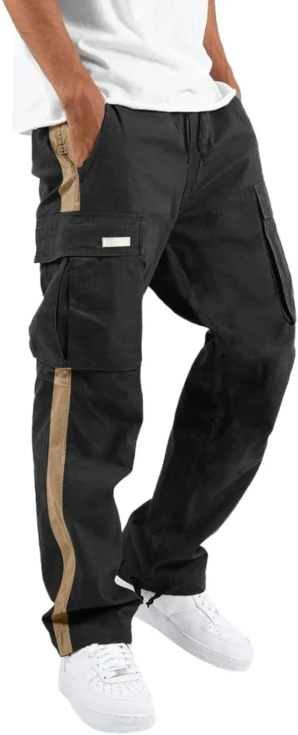 Cargo Pants for Men Baggy Casual Pants for Men False Zipper Pockets Low Rise Jogging Pants Straight Leg Elastic Waist