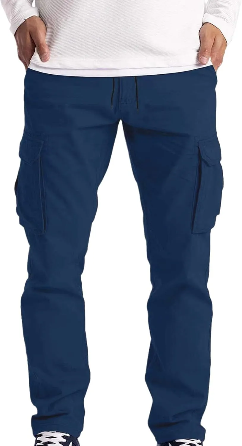 Cargo Pants for Men Baggy Workout Cargo Pants Lightweight Long Sweatpant Men's Drawstring Waist Flap Pocket Workout