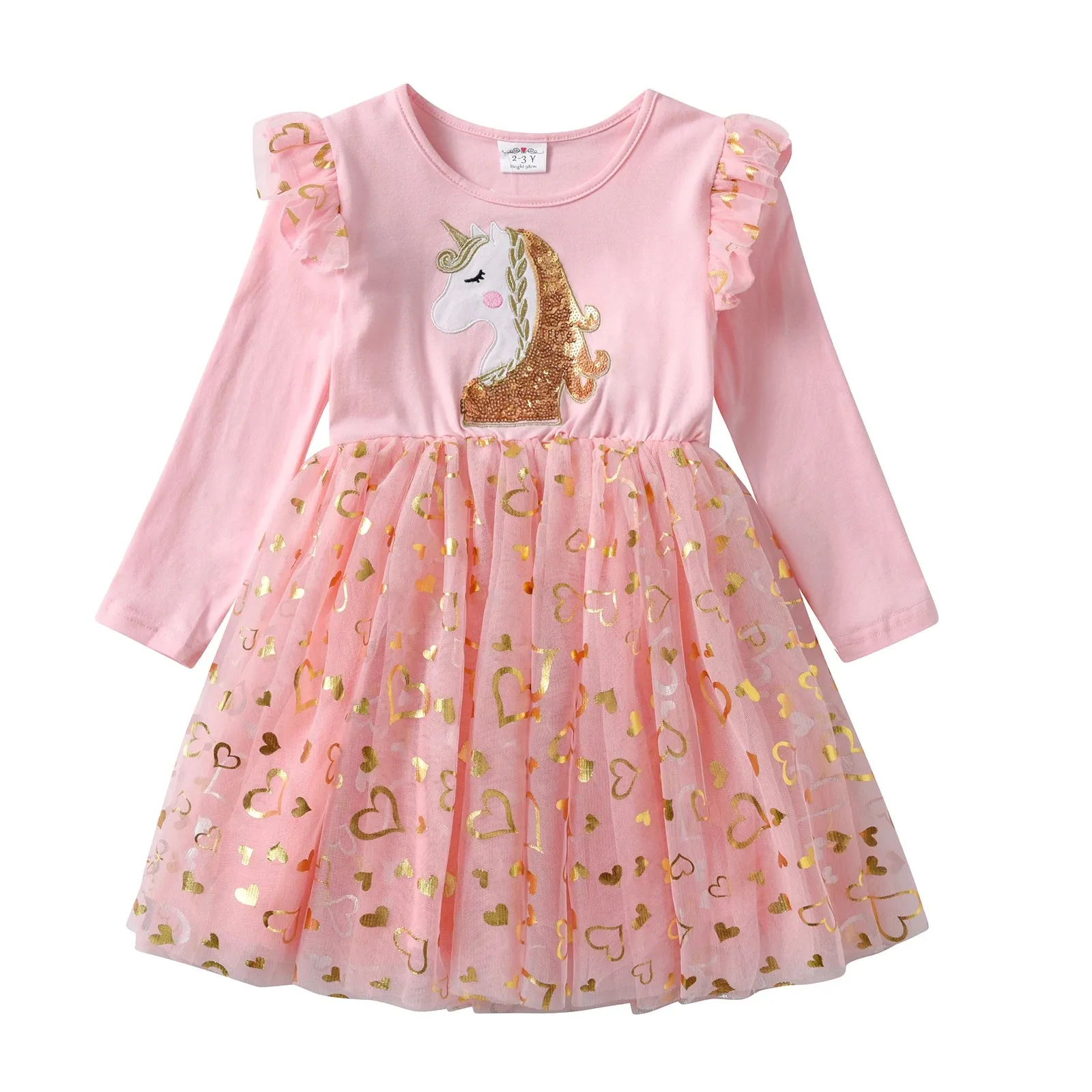 Cartoon Print Long Sleeve Girls Sequined Princess Dresses