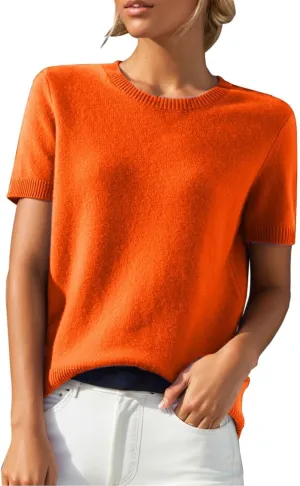 Cashmere Sweaters for Women 2025 Trendy Casual Crew Neck Loose Fit Short Sleeve Sweater Cashmere Blend