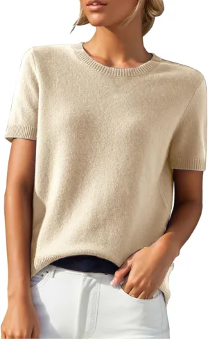 Cashmere Sweaters for Women 2025 Trendy Casual Crew Neck Loose Fit Short Sleeve Sweater Cashmere Blend