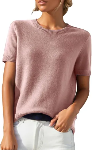 Cashmere Sweaters for Women 2025 Trendy Casual Crew Neck Loose Fit Short Sleeve Sweater Cashmere Blend