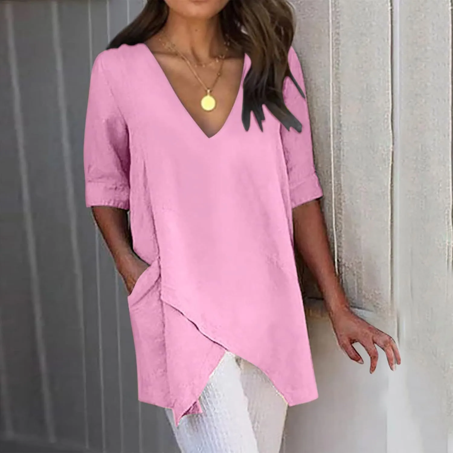 Casual Cotton and Linen 3/4 Sleeve Summer Tops for Women Loose Irregular Hem Tunic T Shirt Solid Plain Plus Size Blouse