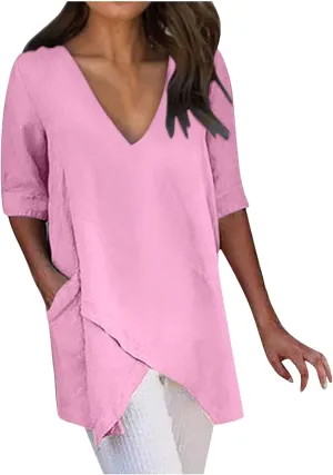 Casual Cotton and Linen 3/4 Sleeve Summer Tops for Women Loose Irregular Hem Tunic T Shirt Solid Plain Plus Size Blouse