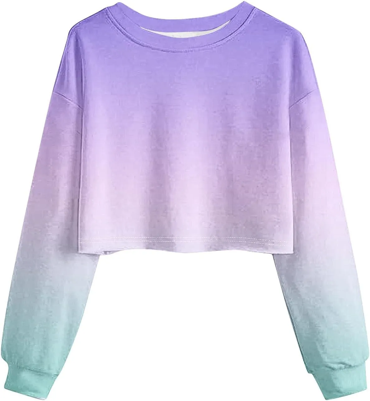 Casual Crop Sweatshirt for Women Crewneck Cropped Fleece Pullover Long Sleeve Ombre Crop Top Gym Yoga Workout Tops