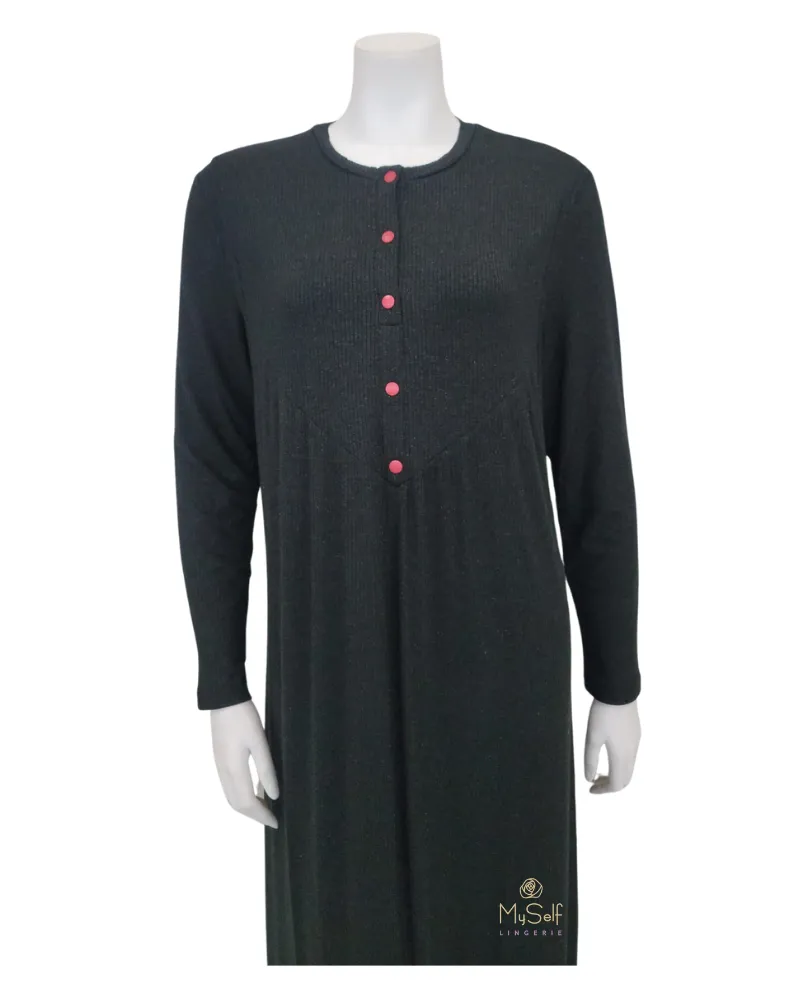 CH8914 Red Snaps Ribbed Black Maternity / Nursing Modal Nightgown