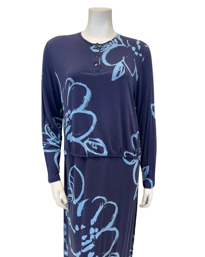 Chicolli Blue Hibiscus Print Bamboo Cotton Nursing Nightgown