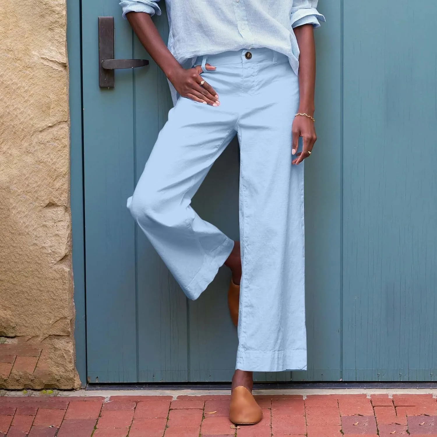 Chino Pants for Women Cropped Linen Pants High Waisted Capri Work Business Casual Pant with Pockets