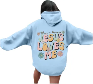 Christian Hoodies for Women Bible Verse Jesus Loves You Graphic Oversized Y2K Hooded Pockets Drawstring Sweatshirts