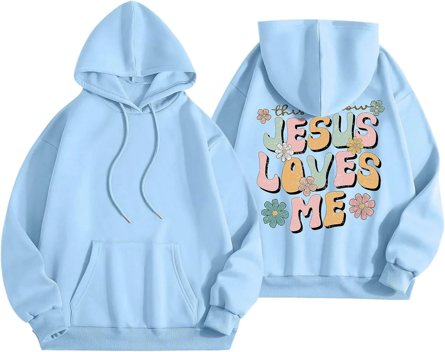 Christian Hoodies for Women Bible Verse Jesus Loves You Graphic Oversized Y2K Hooded Pockets Drawstring Sweatshirts