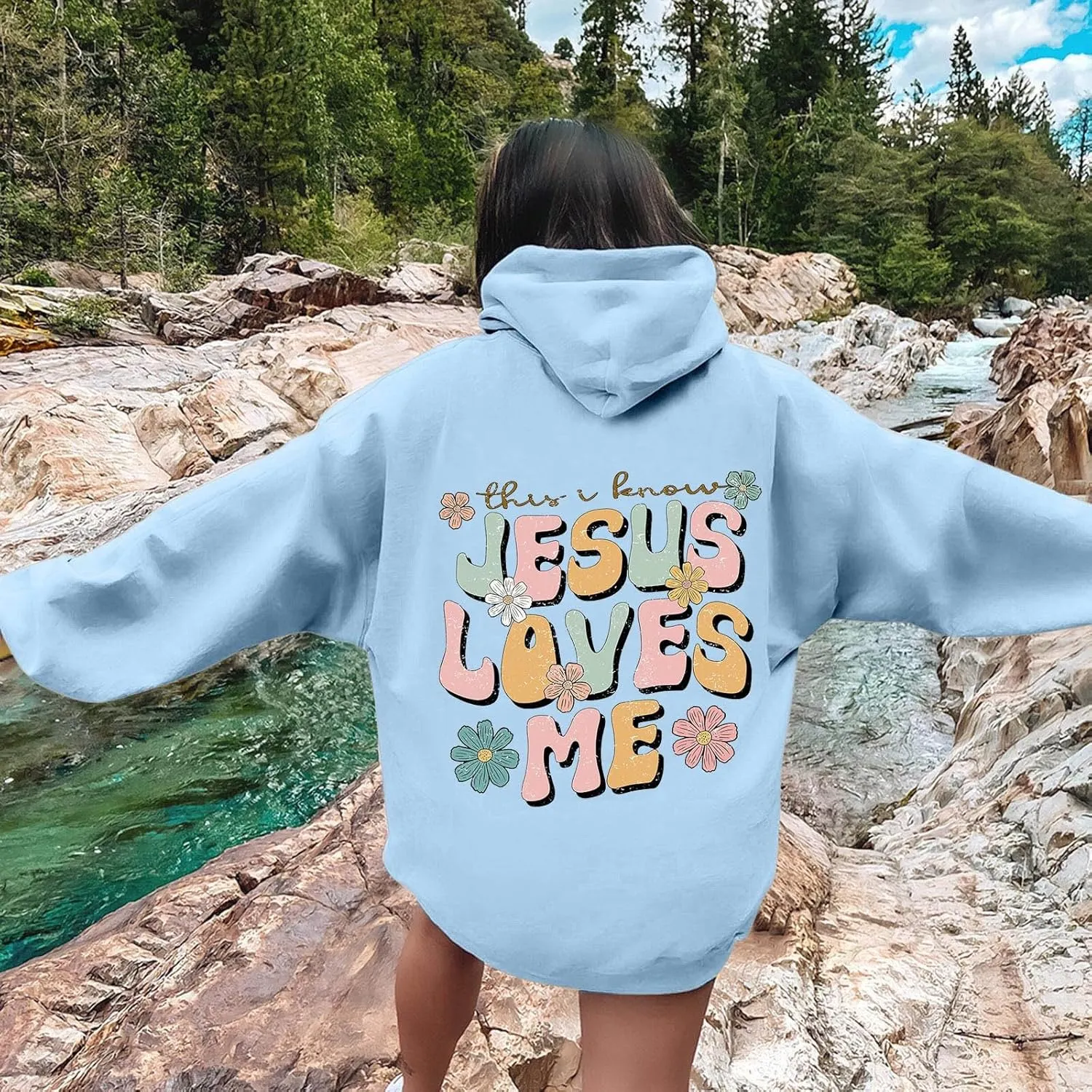 Christian Hoodies for Women Bible Verse Jesus Loves You Graphic Oversized Y2K Hooded Pockets Drawstring Sweatshirts