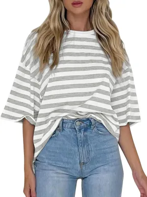 Cioatin Women Oversized Striped Colorblock Tee Shirt Tops Crew Neck Short Sleeve Y2K Aesthetic Tshirt Casual Preppy