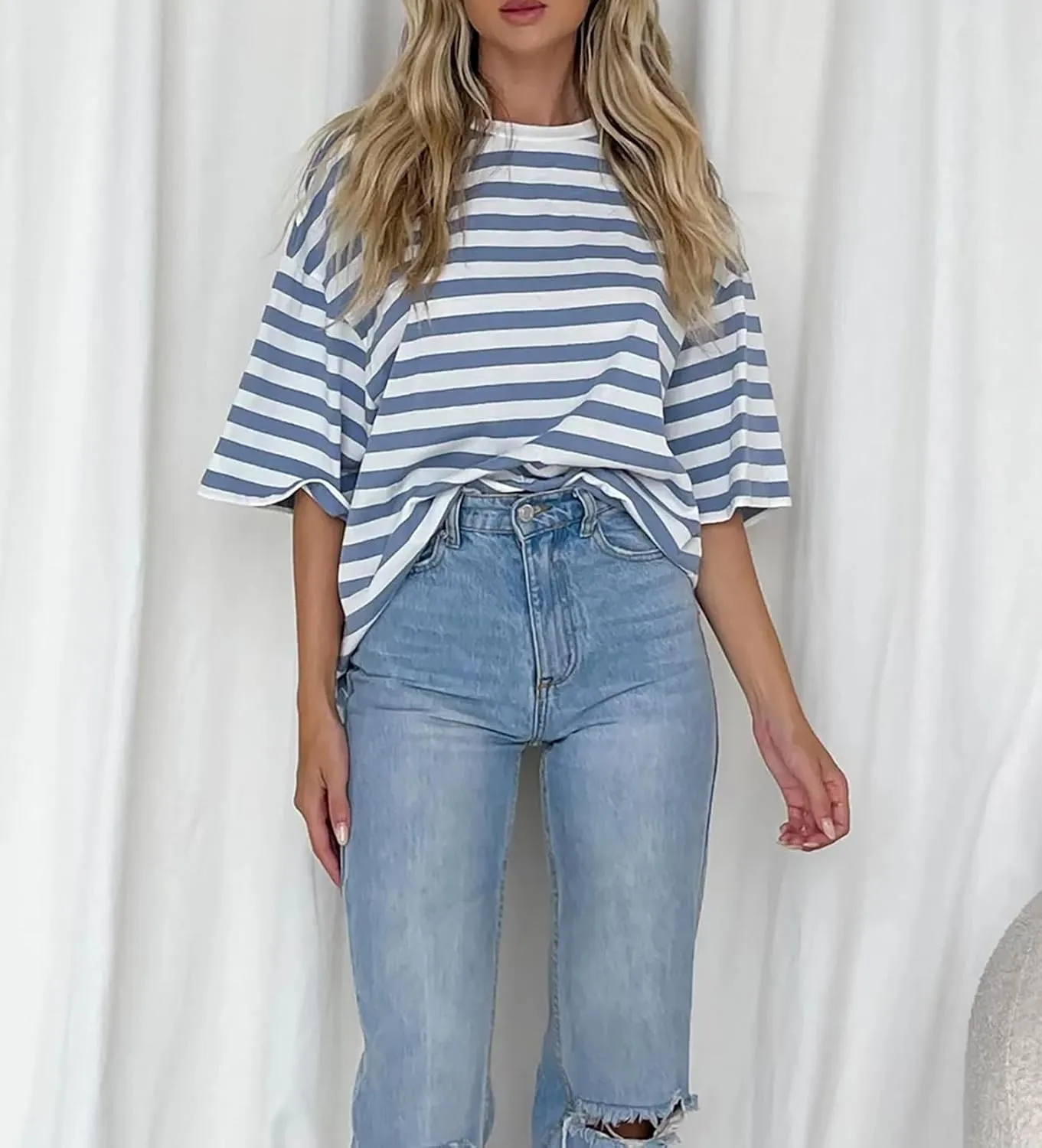 Cioatin Women Oversized Striped Colorblock Tee Shirt Tops Crew Neck Short Sleeve Y2K Aesthetic Tshirt Casual Preppy