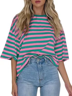 Cioatin Women Oversized Striped Colorblock Tee Shirt Tops Crew Neck Short Sleeve Y2K Aesthetic Tshirt Casual Preppy