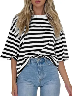 Cioatin Women Oversized Striped Colorblock Tee Shirt Tops Crew Neck Short Sleeve Y2K Aesthetic Tshirt Casual Preppy