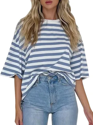 Cioatin Women Oversized Striped Colorblock Tee Shirt Tops Crew Neck Short Sleeve Y2K Aesthetic Tshirt Casual Preppy