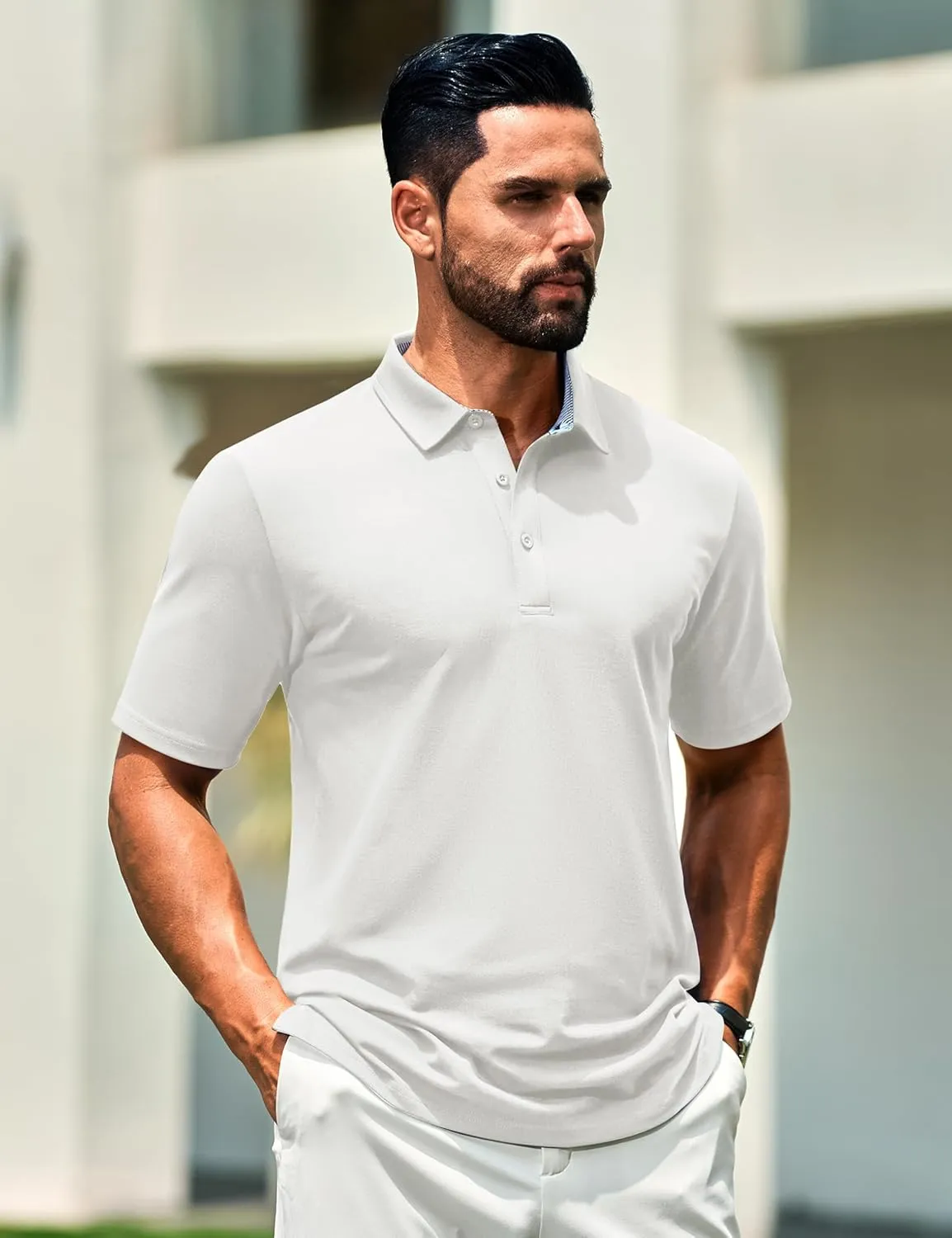 Cotrasen Men's Polo Shirts Short Sleeve Cotton Pique 3 Buttons Golf Shirts Classic Fit Casual Performance T-Shirt