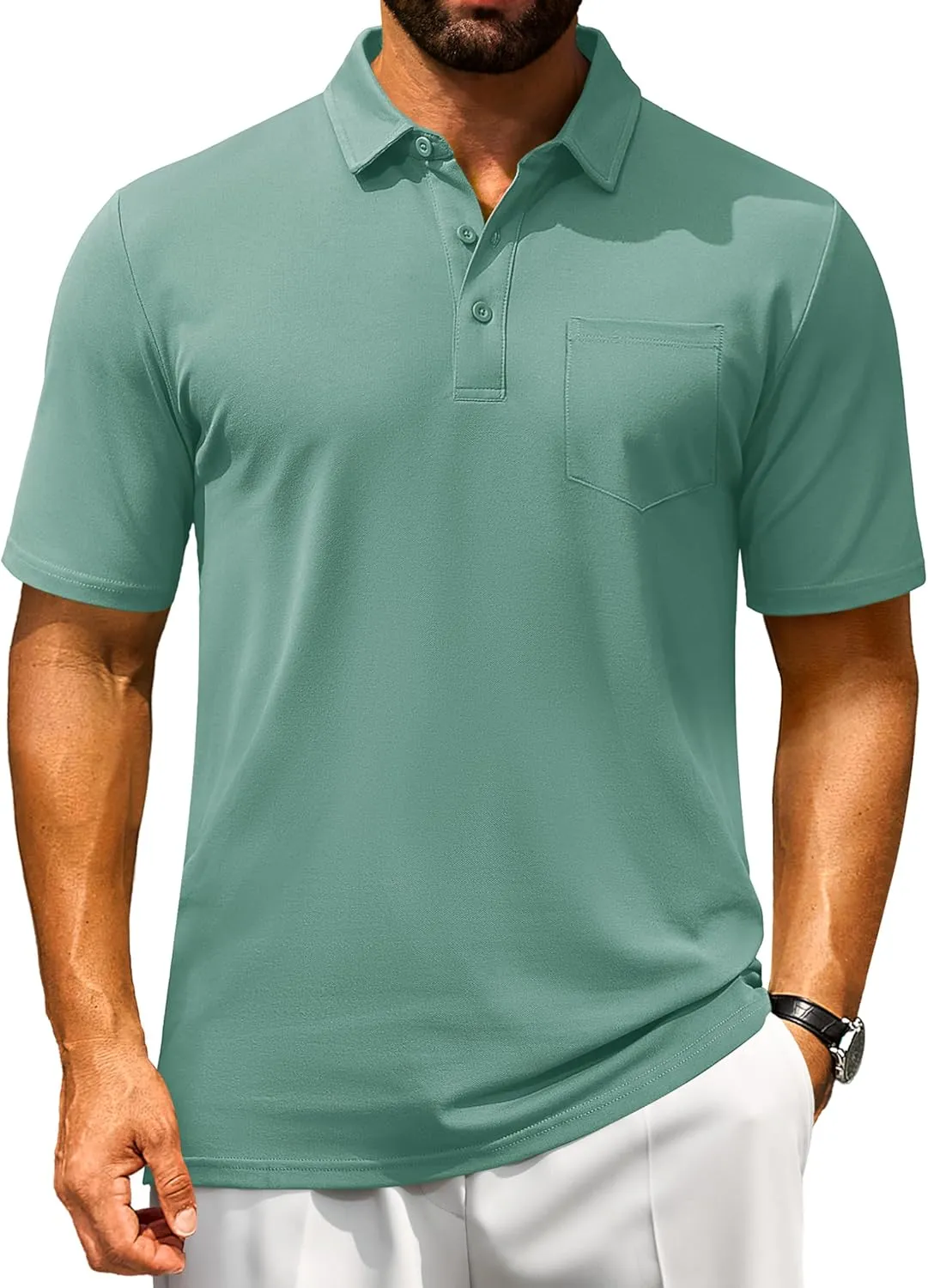 Cotrasen Men's Polo Shirts Short Sleeve Cotton Pique Classic Fit Casual Pocket T-Shirt Colling Performance Golf Shirts