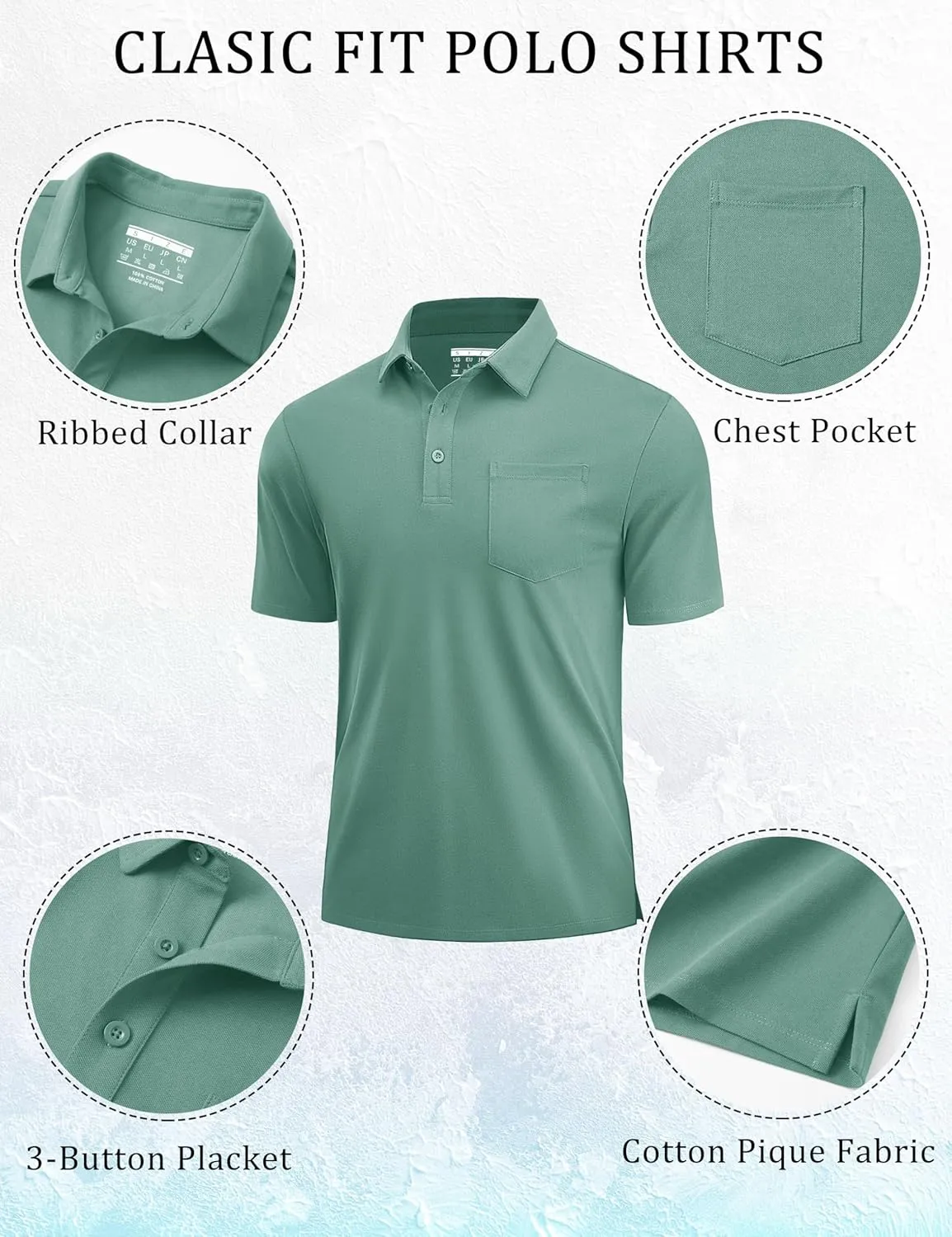 Cotrasen Men's Polo Shirts Short Sleeve Cotton Pique Classic Fit Casual Pocket T-Shirt Colling Performance Golf Shirts