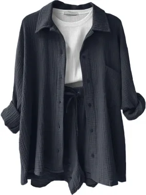 Cotton Linen 2 Piece Sets Women Summer Lounge Sets Long Sleeve Shirts And Shorts Sets Solid Two Piece Sets