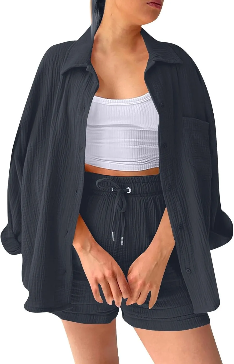 Cotton Linen 2 Piece Sets Women Summer Lounge Sets Long Sleeve Shirts And Shorts Sets Solid Two Piece Sets