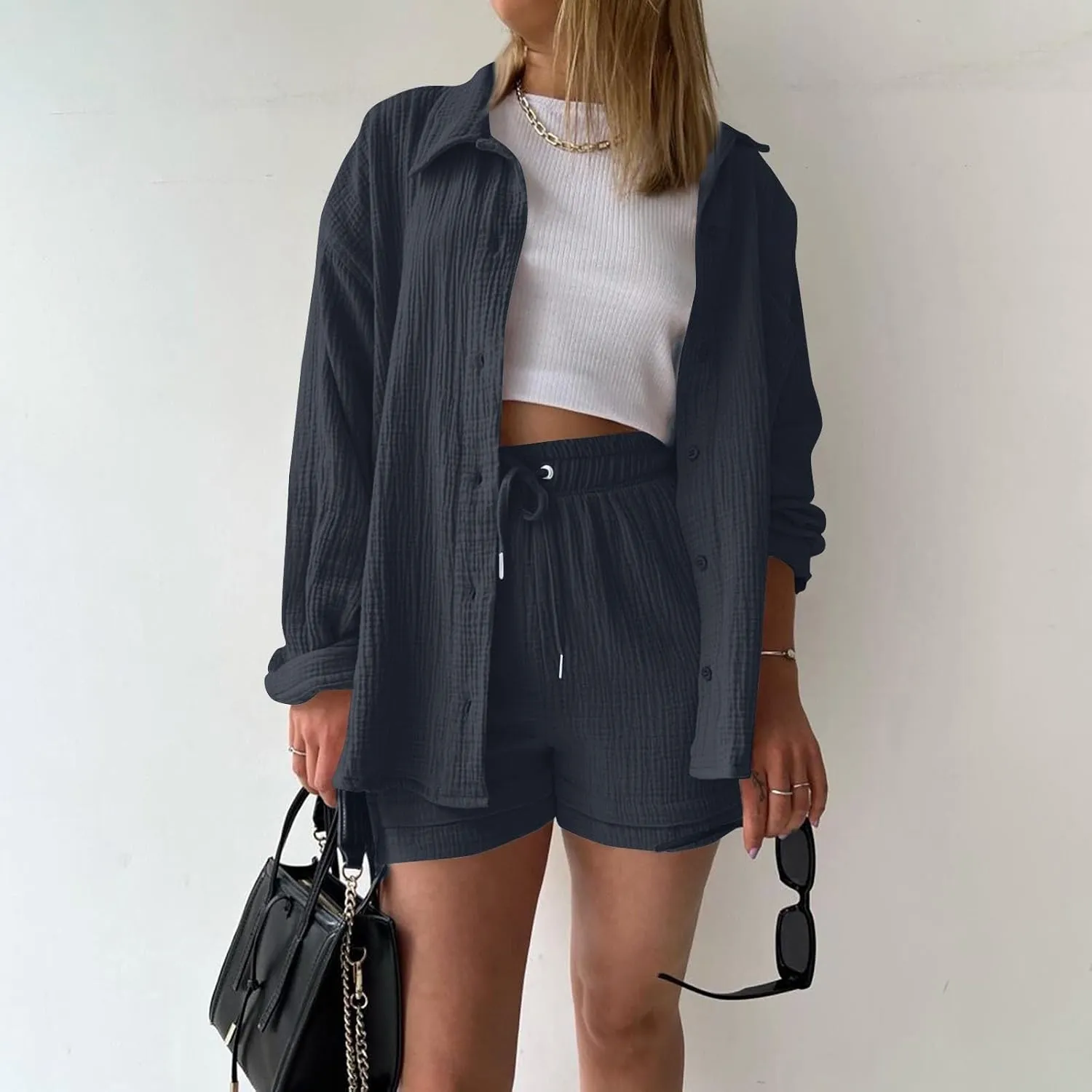 Cotton Linen 2 Piece Sets Women Summer Lounge Sets Long Sleeve Shirts And Shorts Sets Solid Two Piece Sets