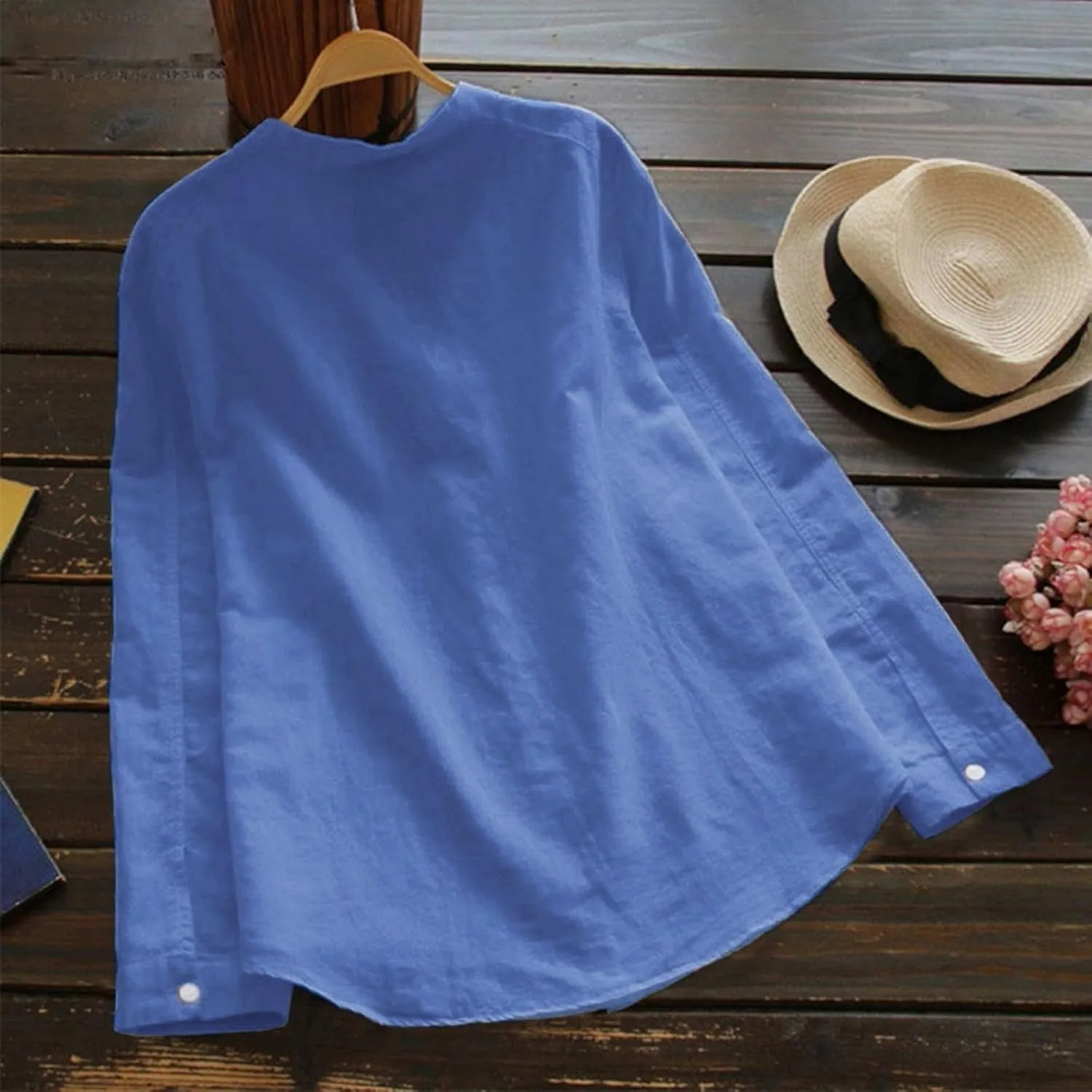 Cotton Linen Blouses for Women Summer Casual V Neck Button Down Long Sleeve Tunic Trendy Tops Shirts with Pocket