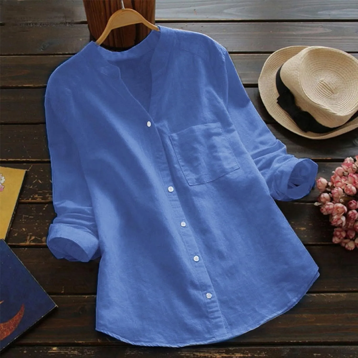 Cotton Linen Blouses for Women Summer Casual V Neck Button Down Long Sleeve Tunic Trendy Tops Shirts with Pocket