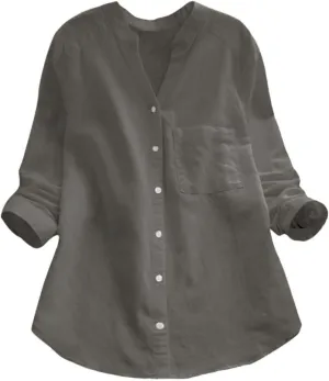 Cotton Linen Blouses for Women Summer Casual V Neck Button Down Long Sleeve Tunic Trendy Tops Shirts with Pocket