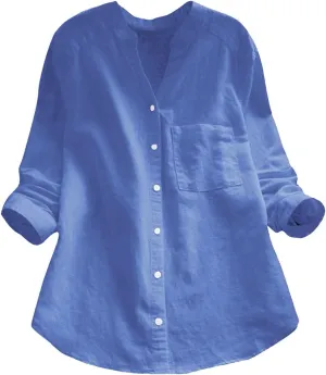 Cotton Linen Blouses for Women Summer Casual V Neck Button Down Long Sleeve Tunic Trendy Tops Shirts with Pocket