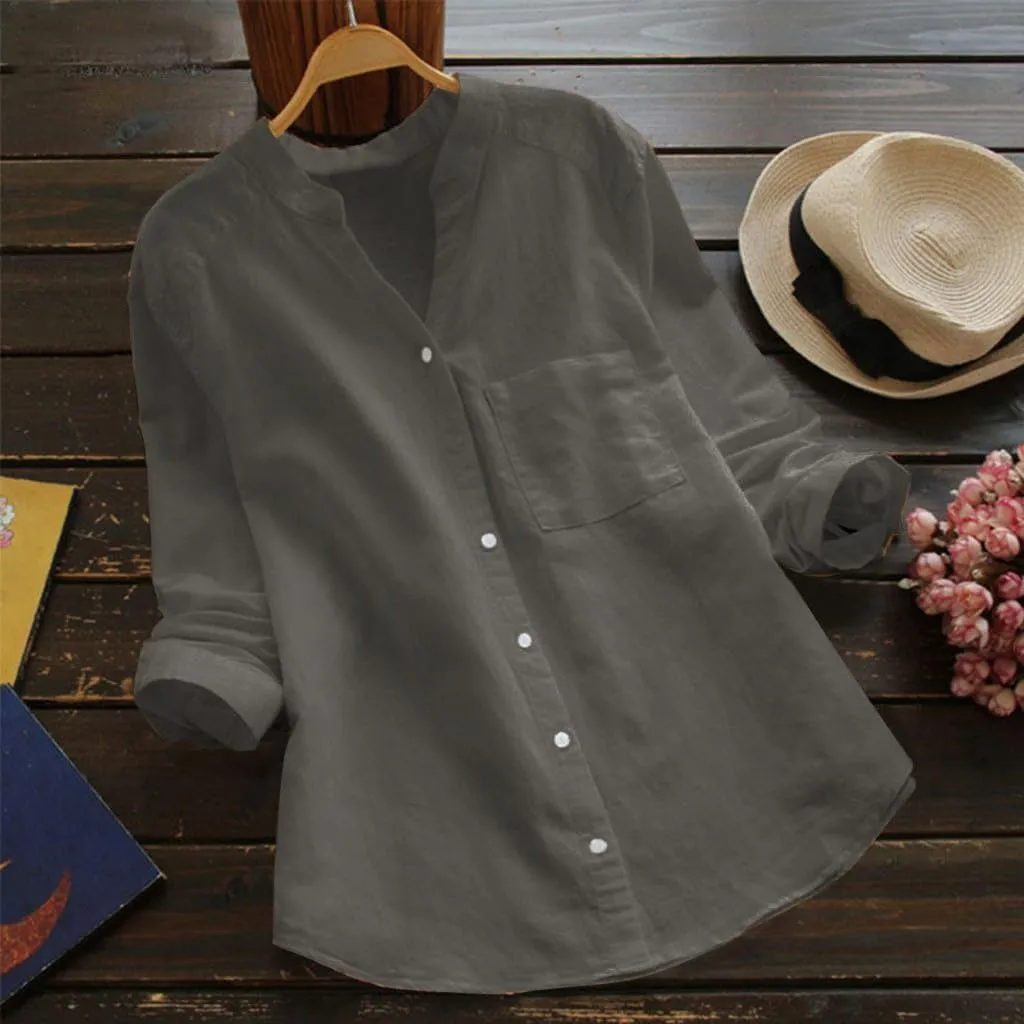 Cotton Linen Blouses for Women Summer Casual V Neck Button Down Long Sleeve Tunic Trendy Tops Shirts with Pocket