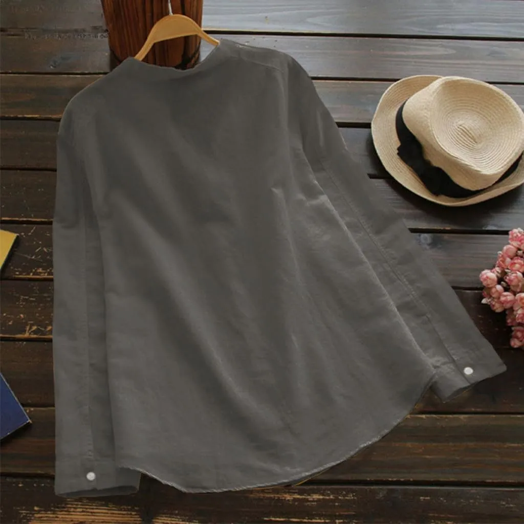 Cotton Linen Blouses for Women Summer Casual V Neck Button Down Long Sleeve Tunic Trendy Tops Shirts with Pocket