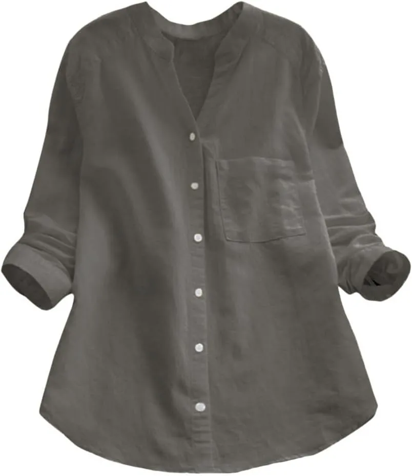 Cotton Linen Blouses for Women Summer Casual V Neck Button Down Long Sleeve Tunic Trendy Tops Shirts with Pocket