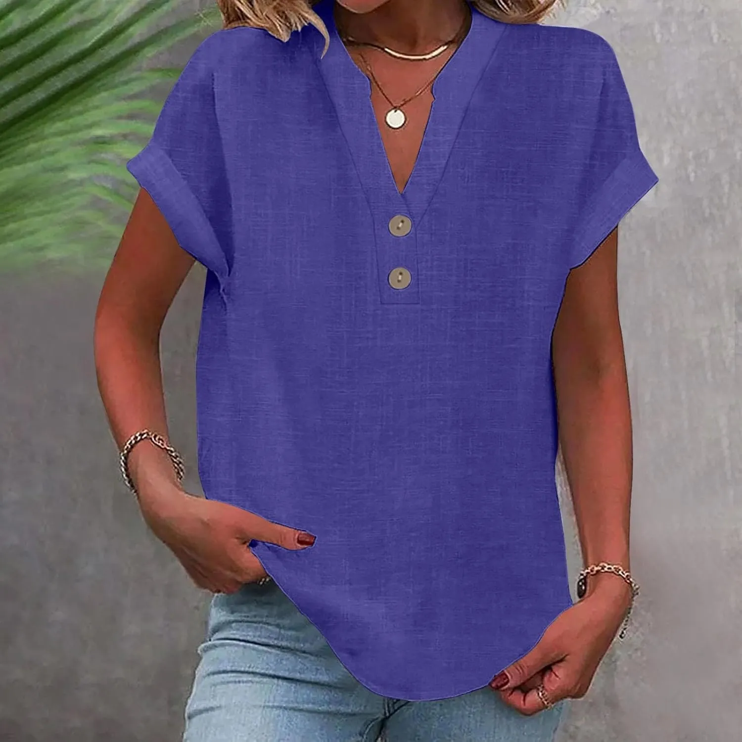 Cotton Linen for Women V Neck Button Down Tops Short Sleeve Basic Tee Summer Tops Casual Loose Solid Shirt Plus Size