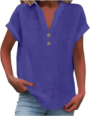 Cotton Linen for Women V Neck Button Down Tops Short Sleeve Basic Tee Summer Tops Casual Loose Solid Shirt Plus Size