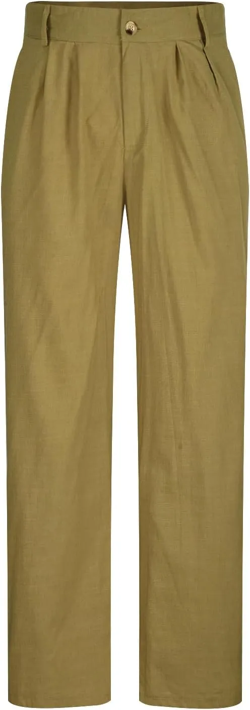 Cotton Linen Pants for Men Pleated Front Trouser Straight Leg Suit Trousers Solid Color Office Trouser Linen Pant