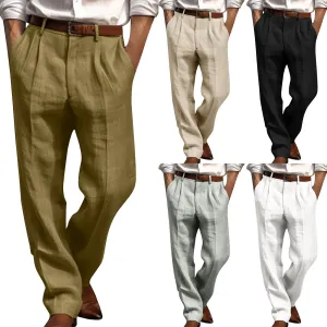 Cotton Linen Pants for Men Pleated Front Trouser Straight Leg Suit Trousers Solid Color Office Trouser Linen Pant