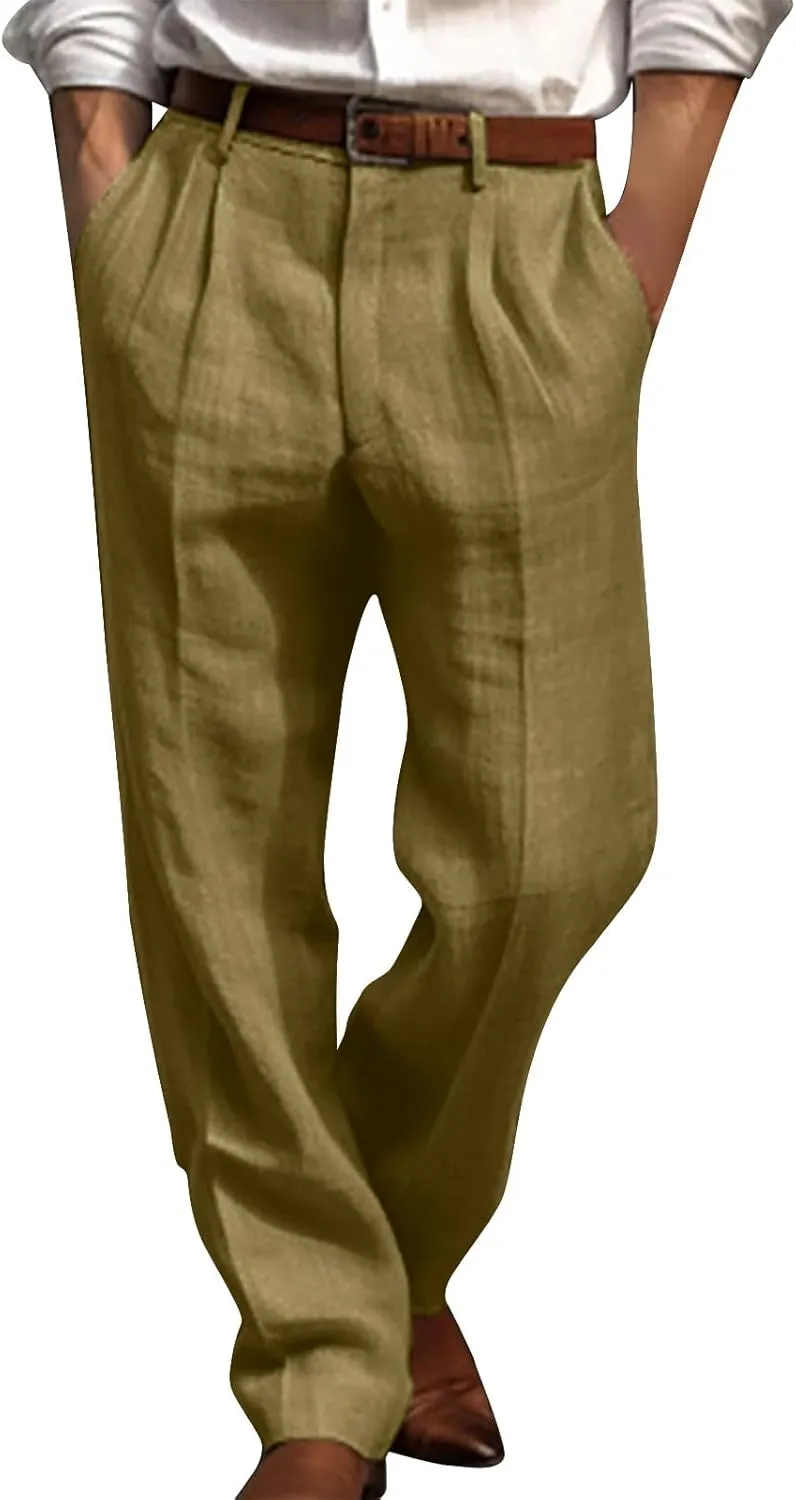Cotton Linen Pants for Men Pleated Front Trouser Straight Leg Suit Trousers Solid Color Office Trouser Linen Pant