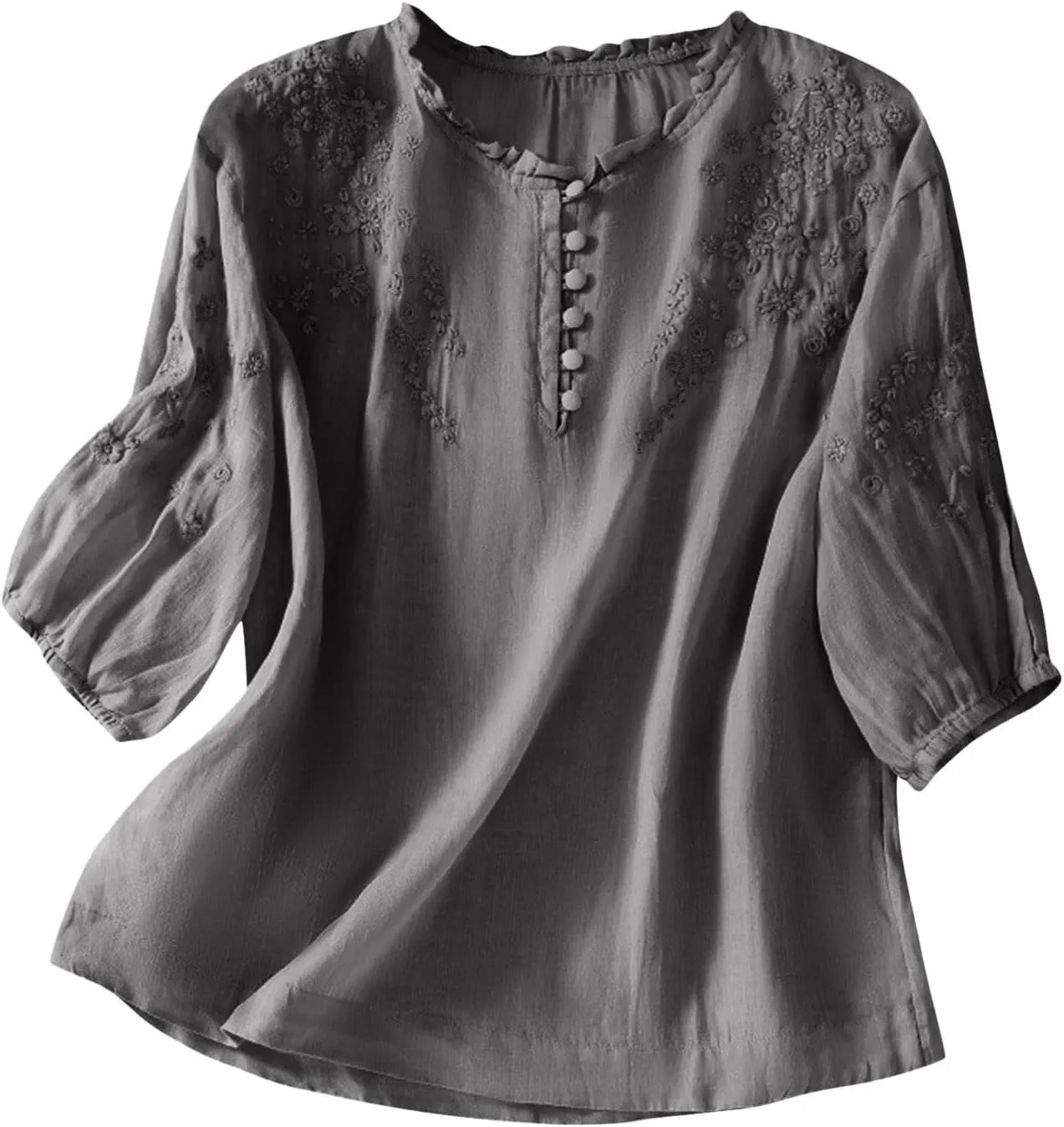 Cotton Linen Shirt for Women 2025 Summer Crewneck Button Embroidered Short Sleeve Boho Blouse Dressy Casual Vacation Top