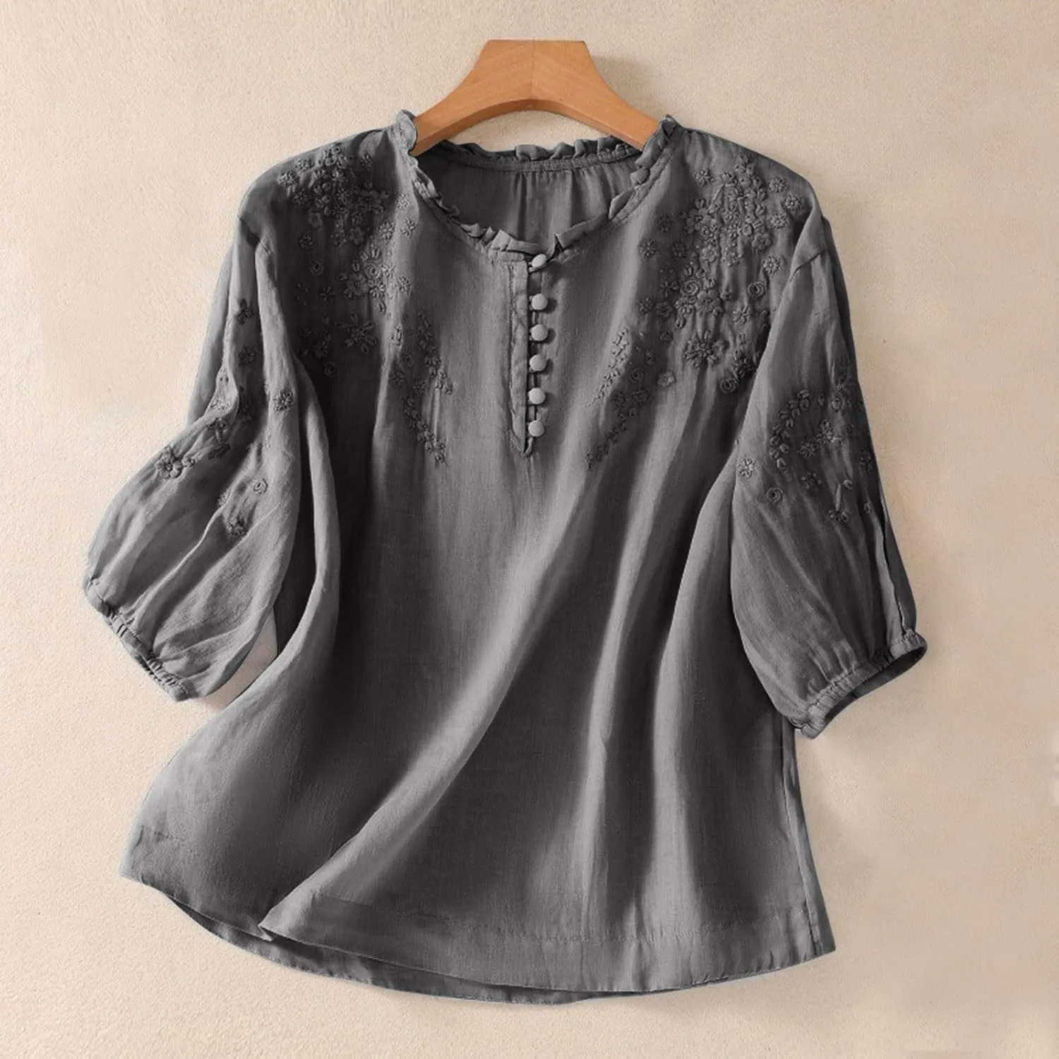 Cotton Linen Shirt for Women 2025 Summer Crewneck Button Embroidered Short Sleeve Boho Blouse Dressy Casual Vacation Top