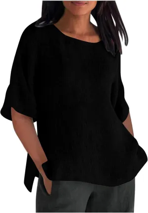 Cotton Linen Shirt for Women 2025 Vacation Summer Loose Fit Casual 3/4 Sleeve Tops Tshirt Cotton Blouse Basic Tees