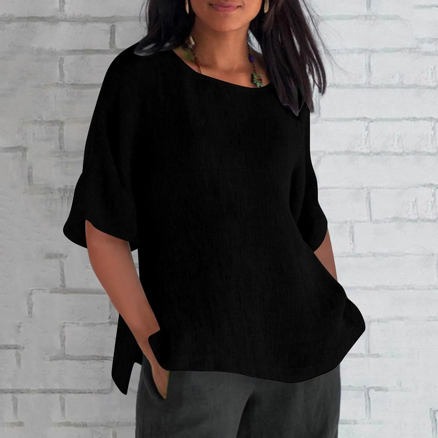 Cotton Linen Shirt for Women 2025 Vacation Summer Loose Fit Casual 3/4 Sleeve Tops Tshirt Cotton Blouse Basic Tees